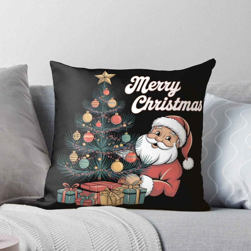 Retro Christmas Tree Pillow with Ornaments, Tinsel, and Santa Claus on a Black Background