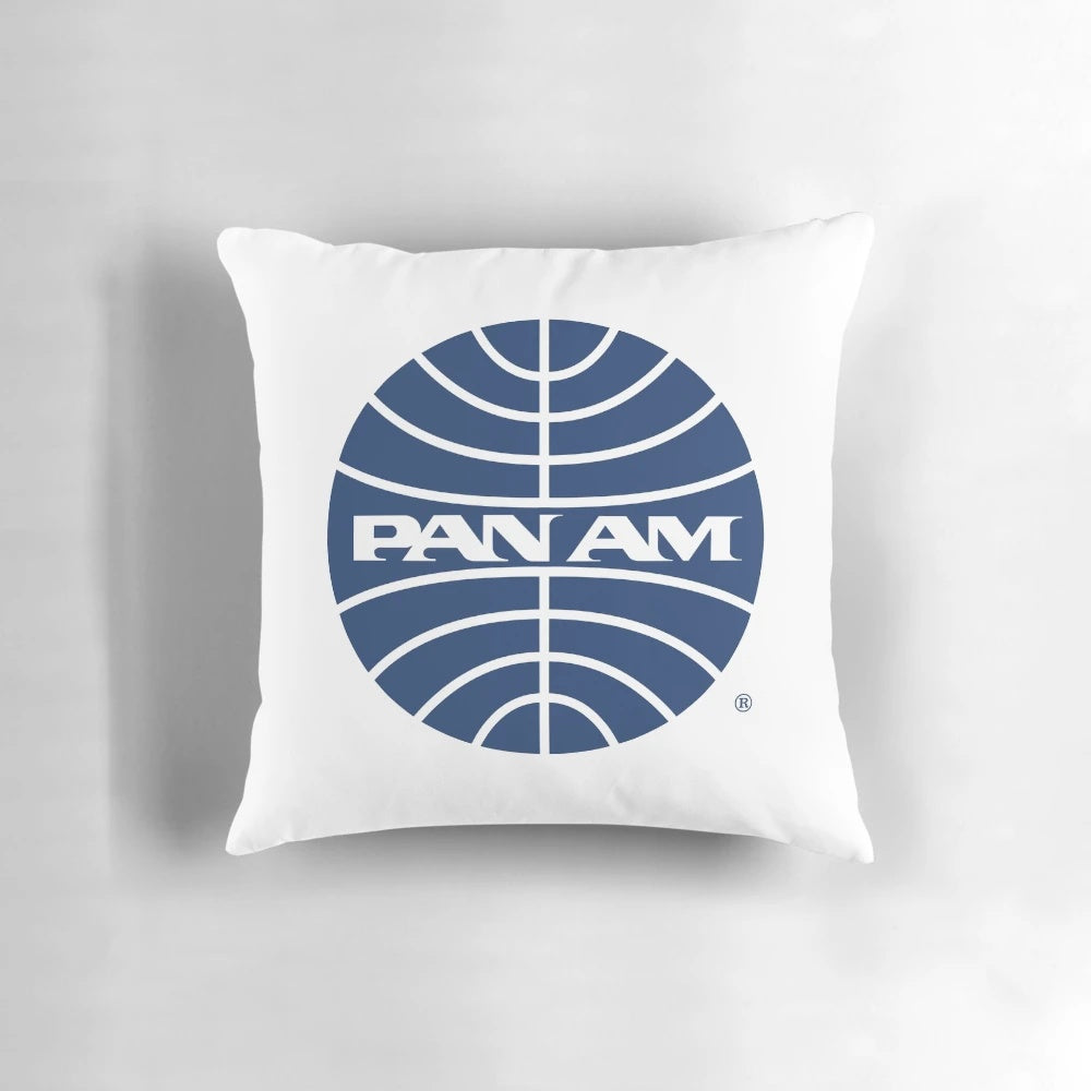 Vintage-style inverted globe design decorative throw pillow with retro Pan American logo