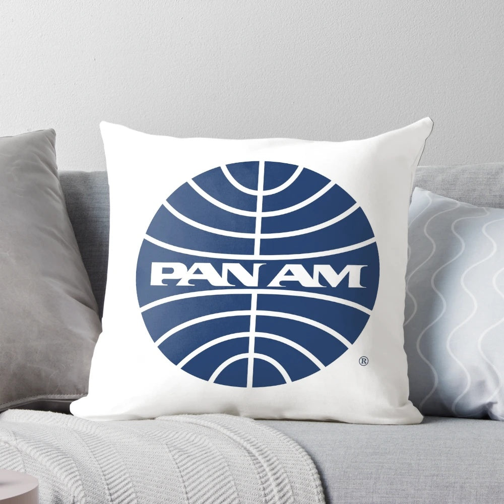 Vintage-style inverted globe design decorative throw pillow with retro Pan American logo