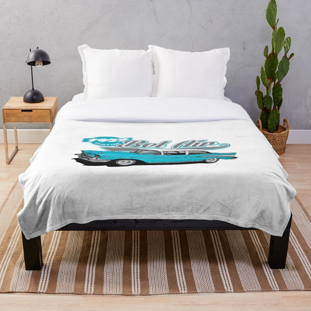 Light blue plush blanket with vintage 1957 Chevrolet Bel Air design