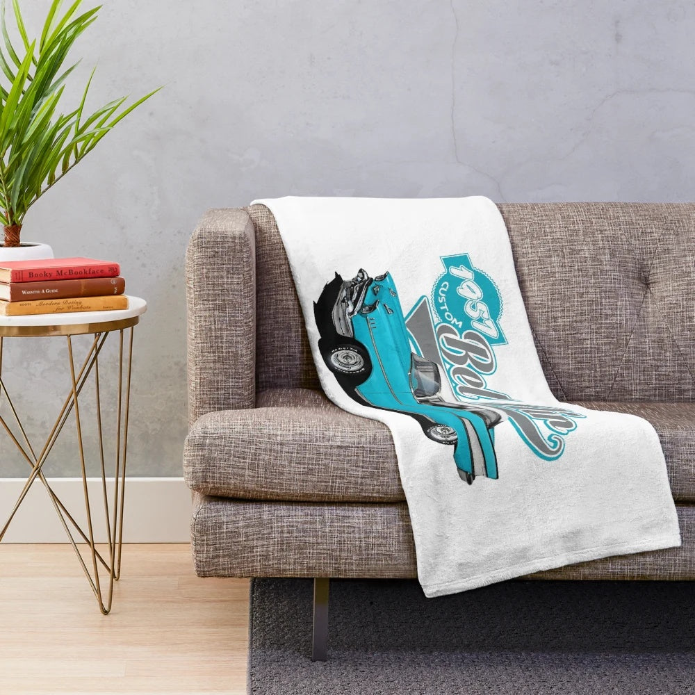 Light blue plush blanket with vintage 1957 Chevrolet Bel Air design
