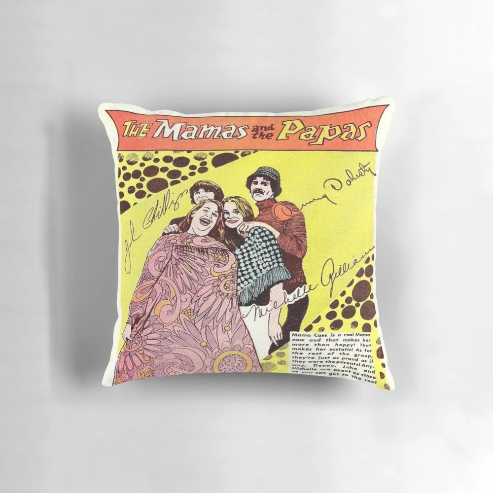 Vintage 1960s Mamas and Papas pillow with iconic California hippie design