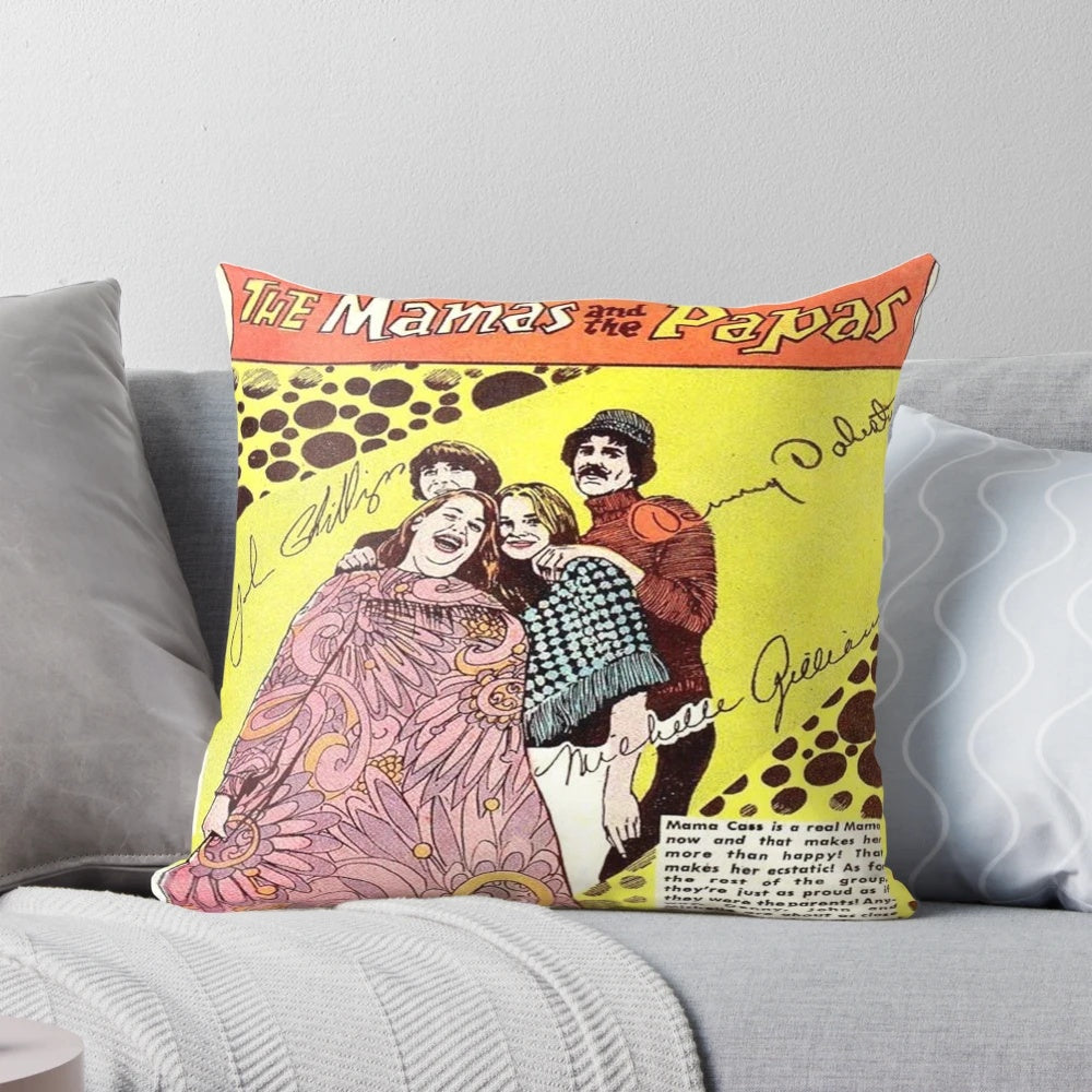 Vintage 1960s Mamas and Papas pillow with iconic California hippie design