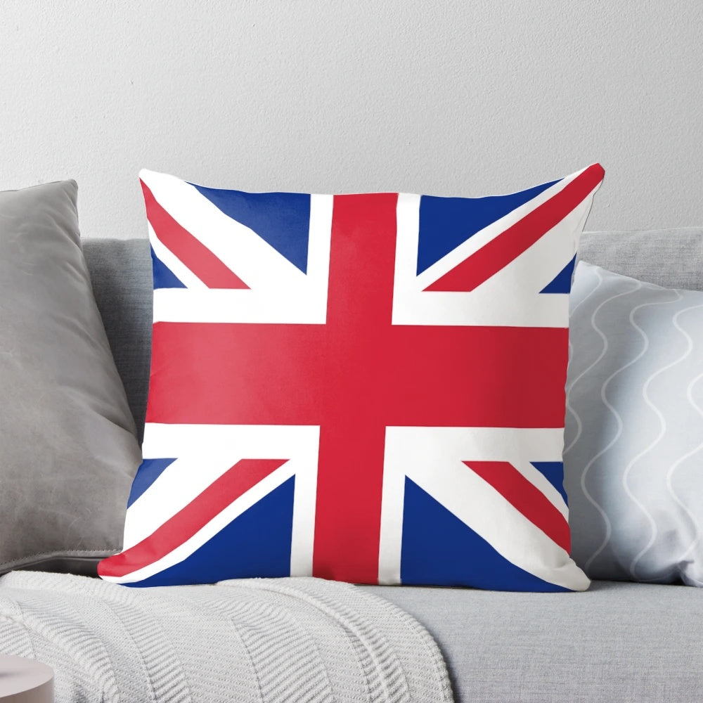 Retro 1960s Union Jack mini skirt printed on a plush, decorative pillow featuring the iconic British flag design with a lion graphic.