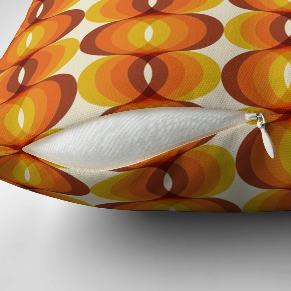 Retro 1960s wavy geometric pattern throw pillow in brown, orange, and ivory colors
