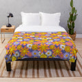Retro 1970s floral daisy purple orange plush blanket