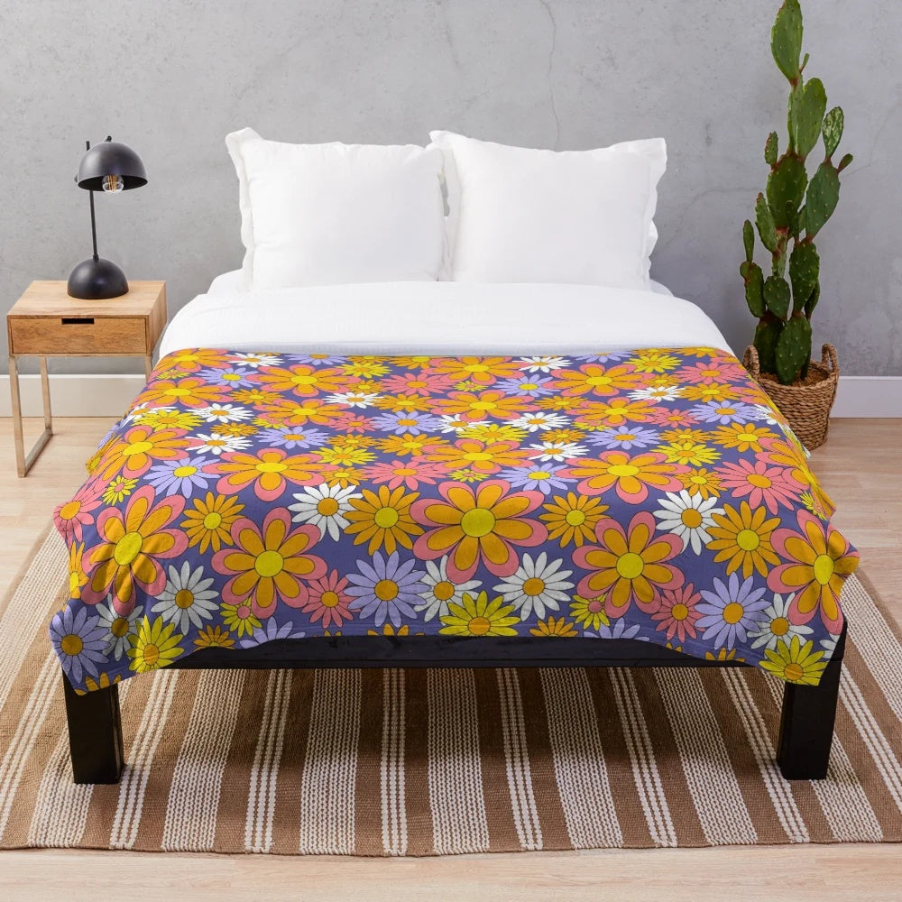 Retro 1970s floral daisy purple orange plush blanket