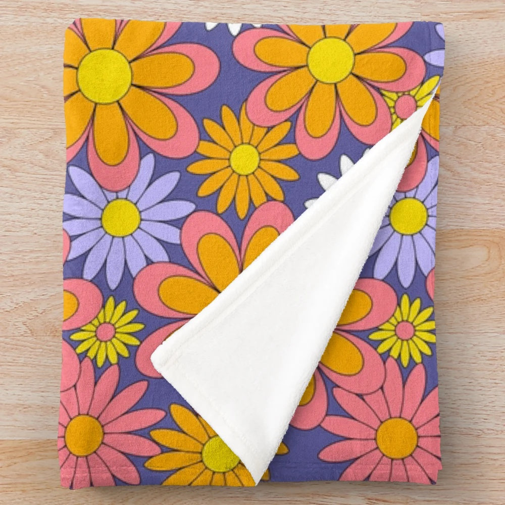Retro 1970s floral daisy purple orange plush blanket