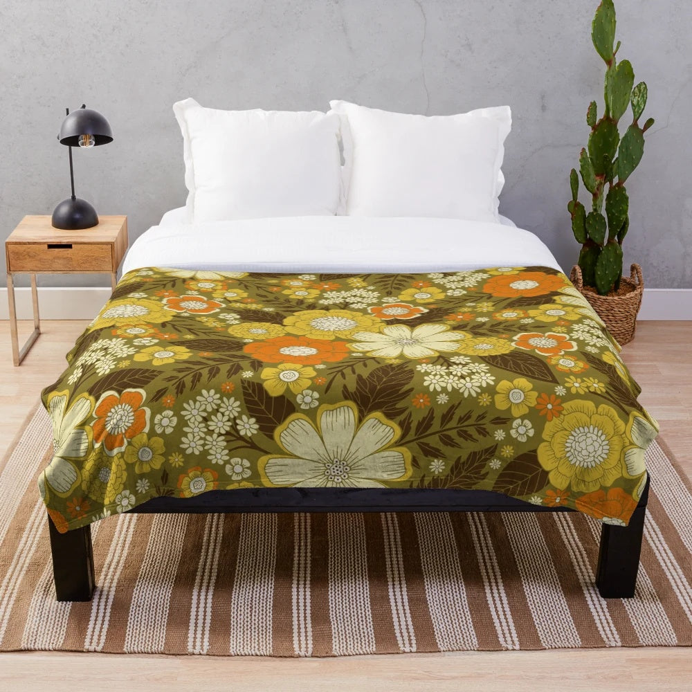1970s retro floral plush blanket