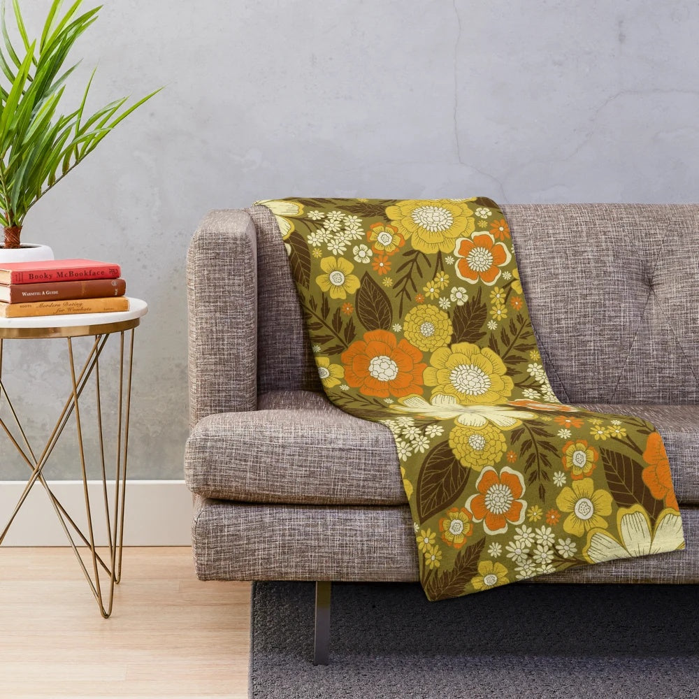 1970s retro floral plush blanket