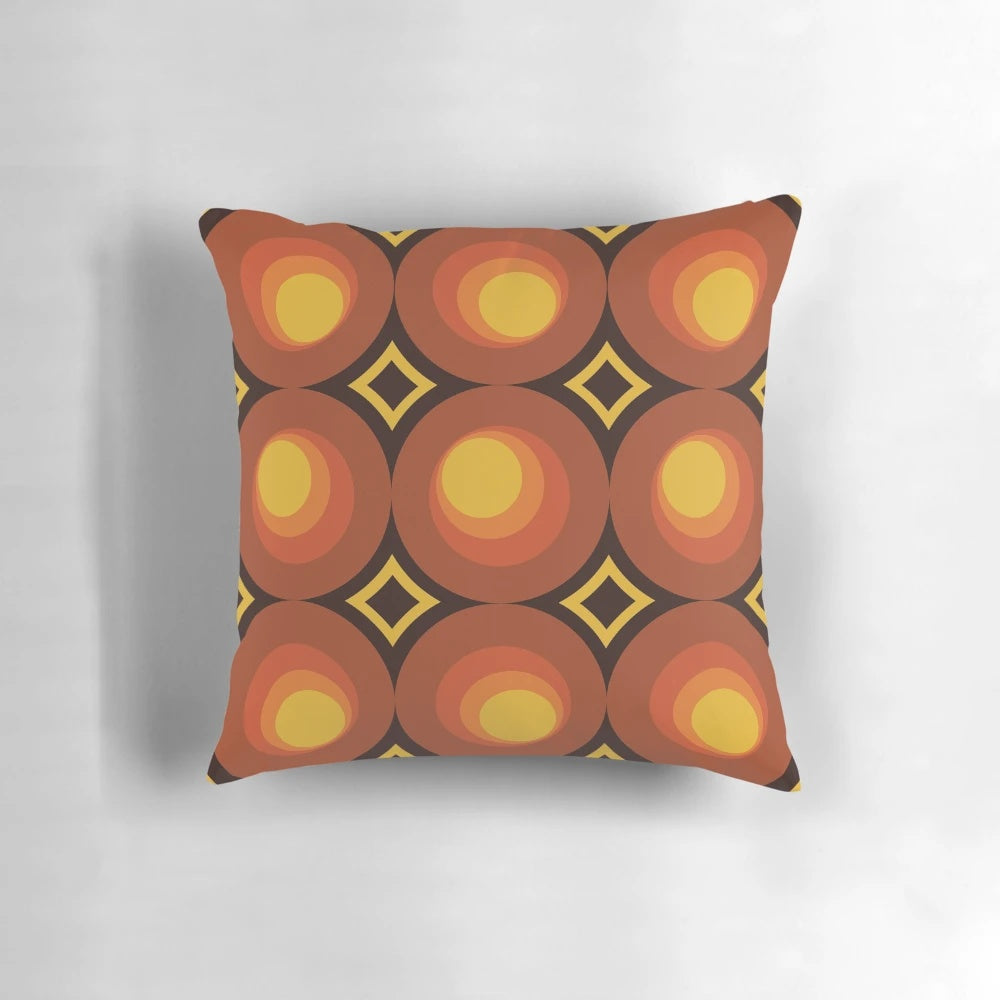 Vibrant 1970s mid century modern orange circle throw pillow