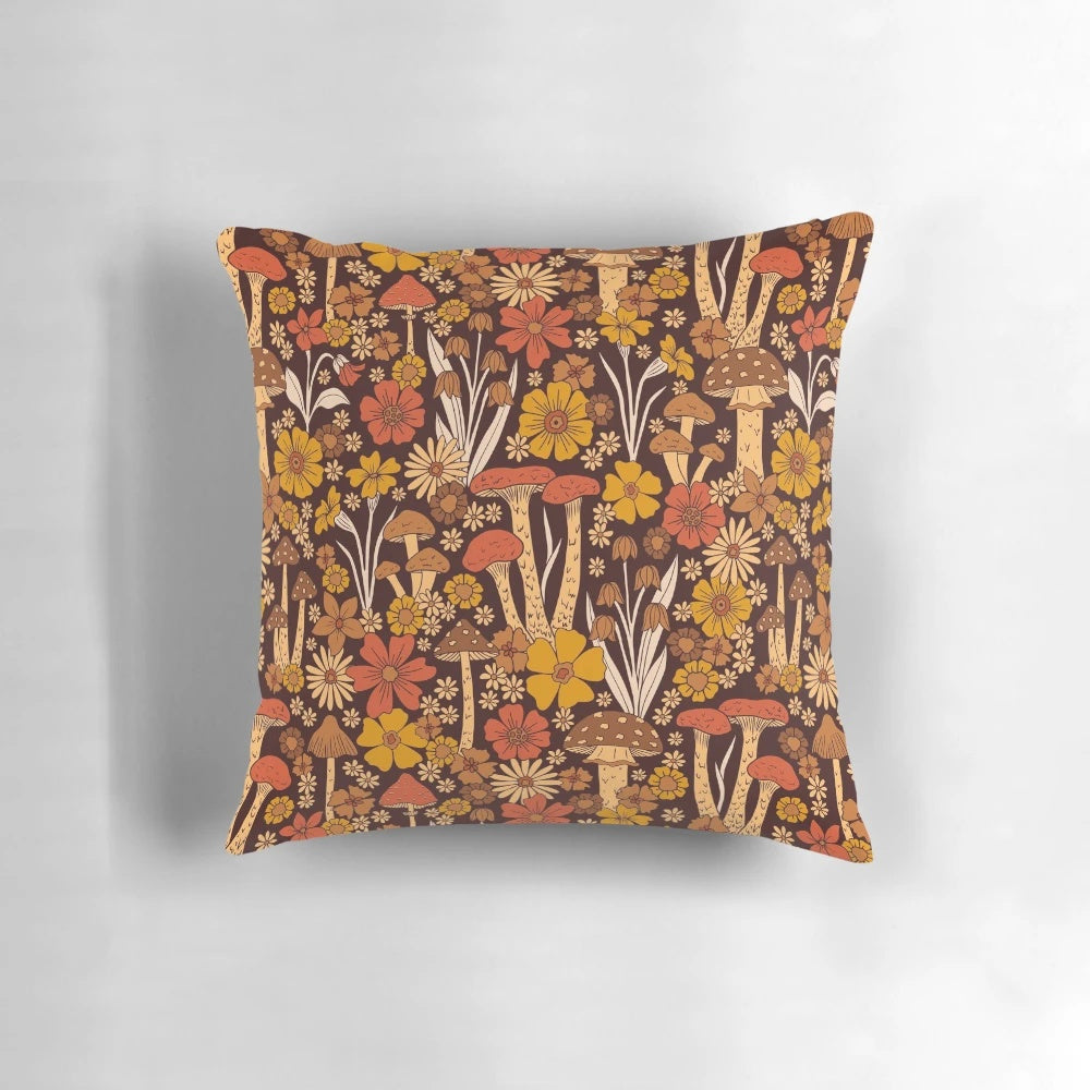 Retro 1970s-style throw pillow featuring mushrooms and flowers in brown, orange, and floral patterns