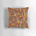 Retro 1970s-style throw pillow featuring mushrooms and flowers in brown, orange, and floral patterns