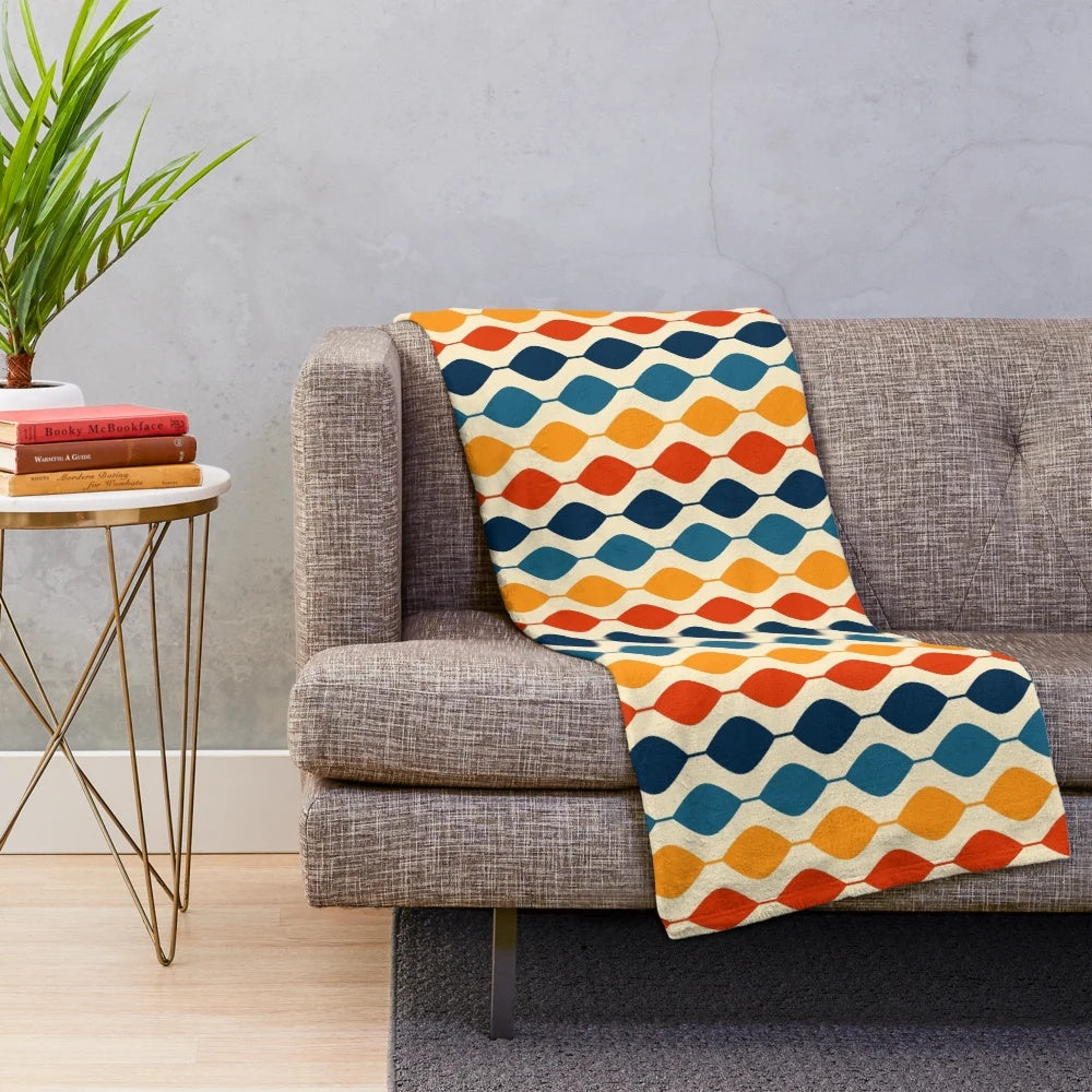 Retro 1970s plush blanket with a vibrant geometric pattern