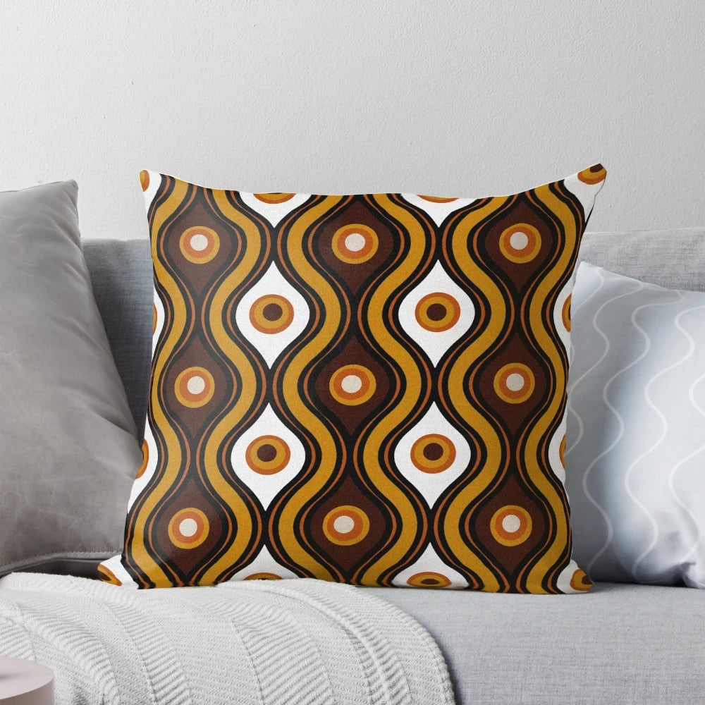 Retro 1970s style brown, orange, and white patterned throw pillow