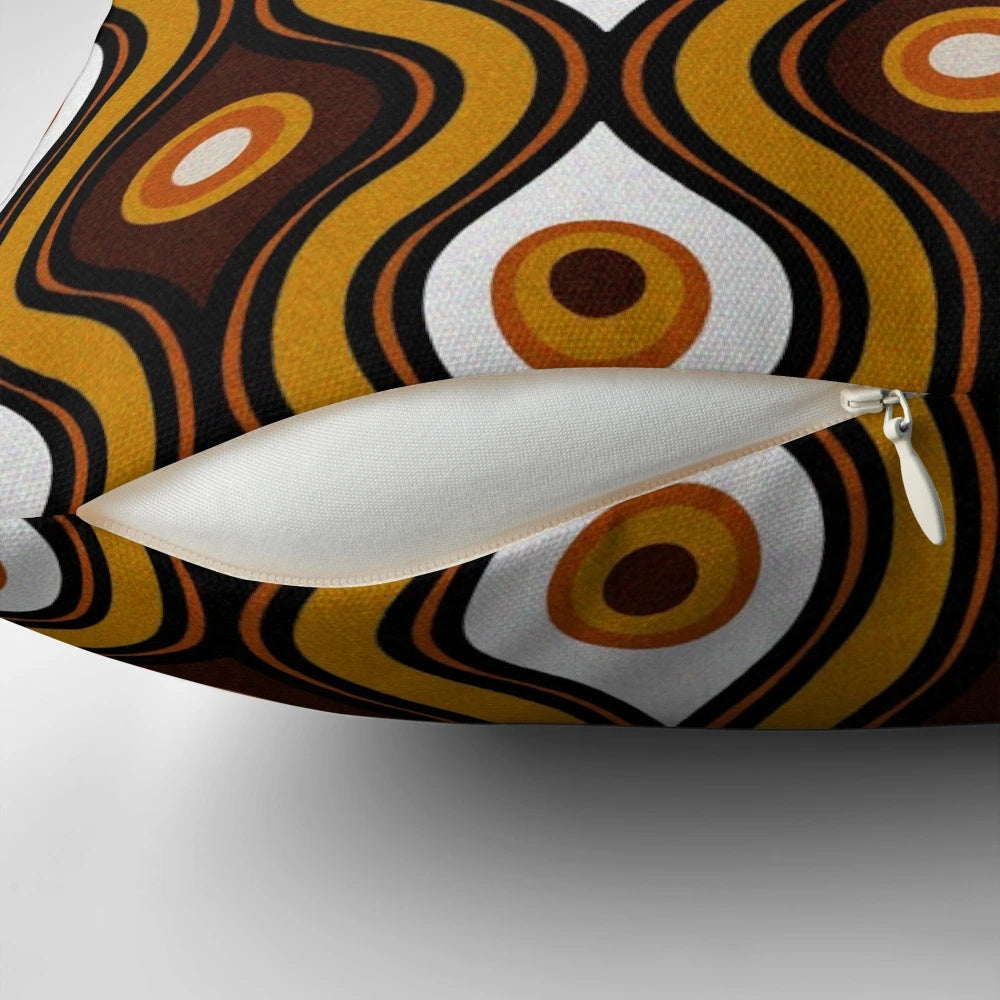 Retro 1970s style brown, orange, and white patterned throw pillow