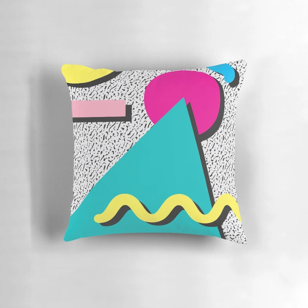 Vibrant 1980s abstract pattern throw pillow with bold geometric design