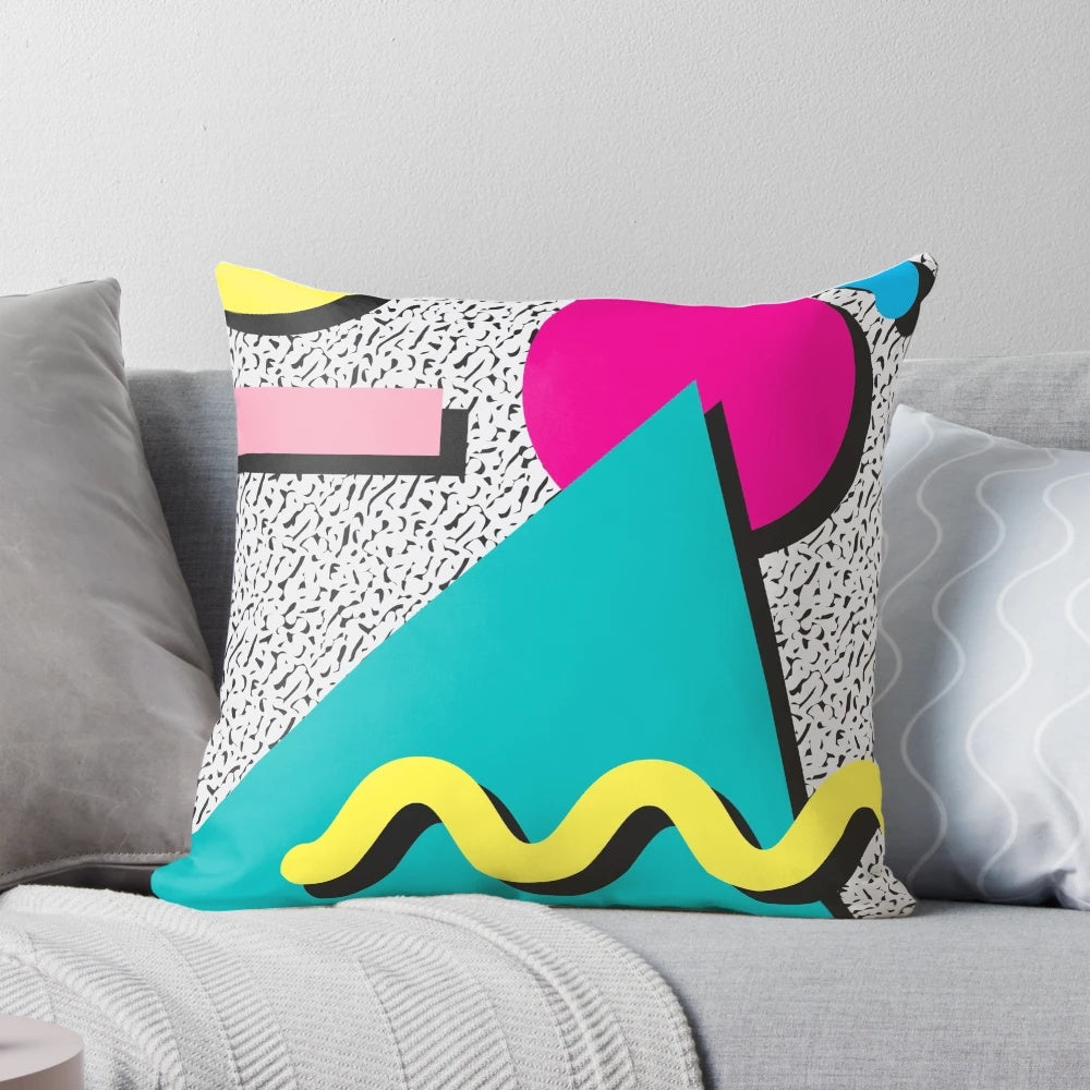 Vibrant 1980s abstract pattern throw pillow with bold geometric design