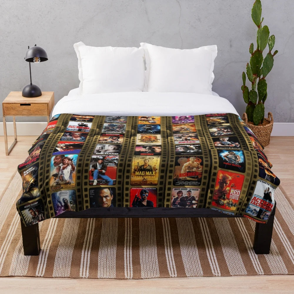 Plush blanket featuring a retro 1980s action movie-inspired aesthetic