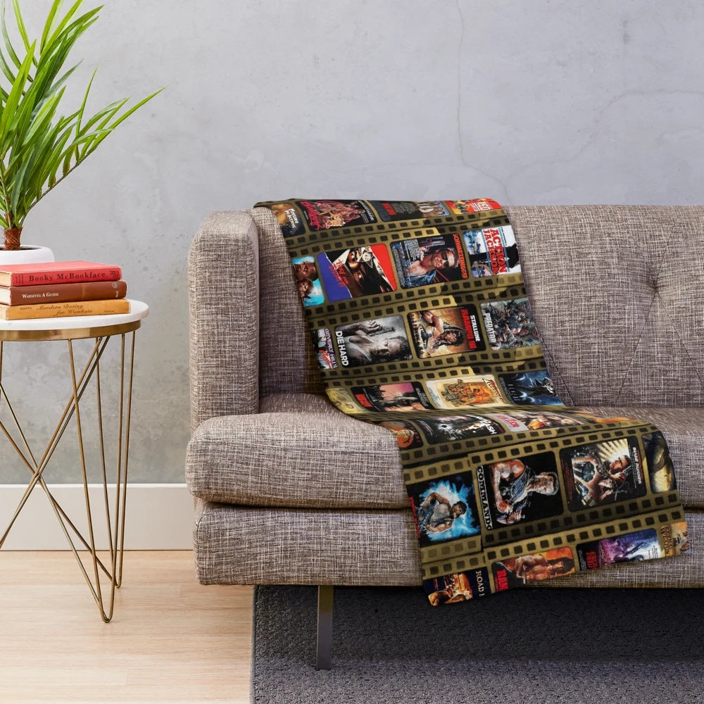 Plush blanket featuring a retro 1980s action movie-inspired aesthetic