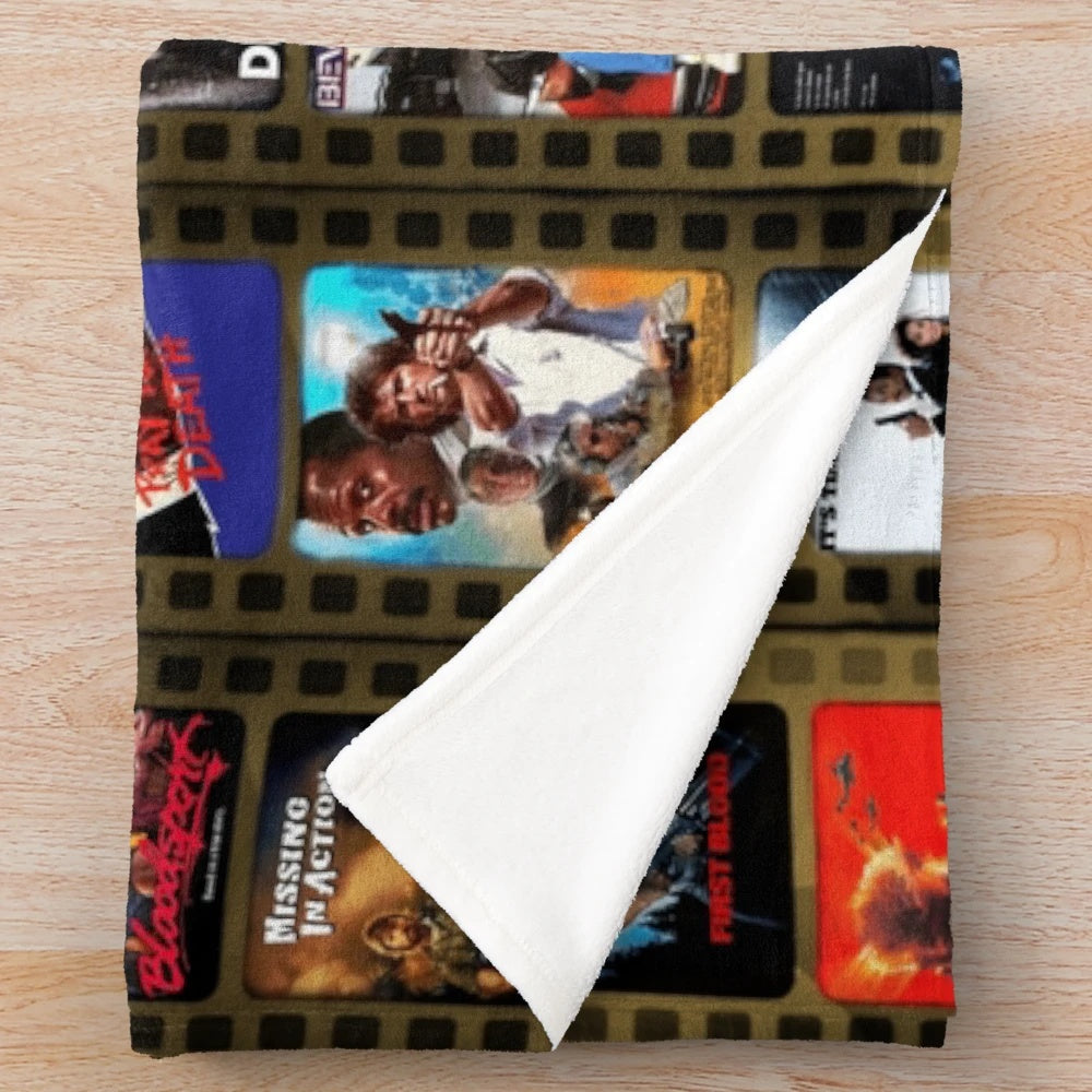Plush blanket featuring a retro 1980s action movie-inspired aesthetic