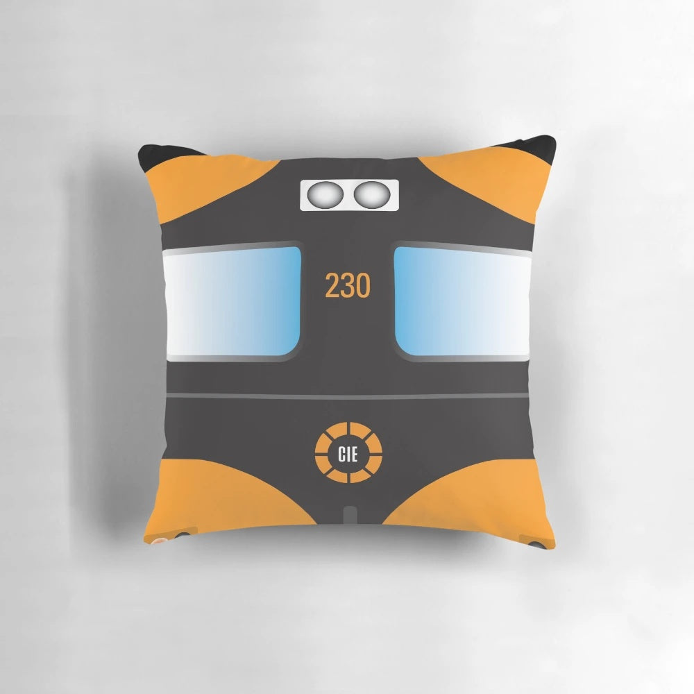Vintage orange and black 1980's CIE A-Class locomotive pillow with iconic Super Train livery design.