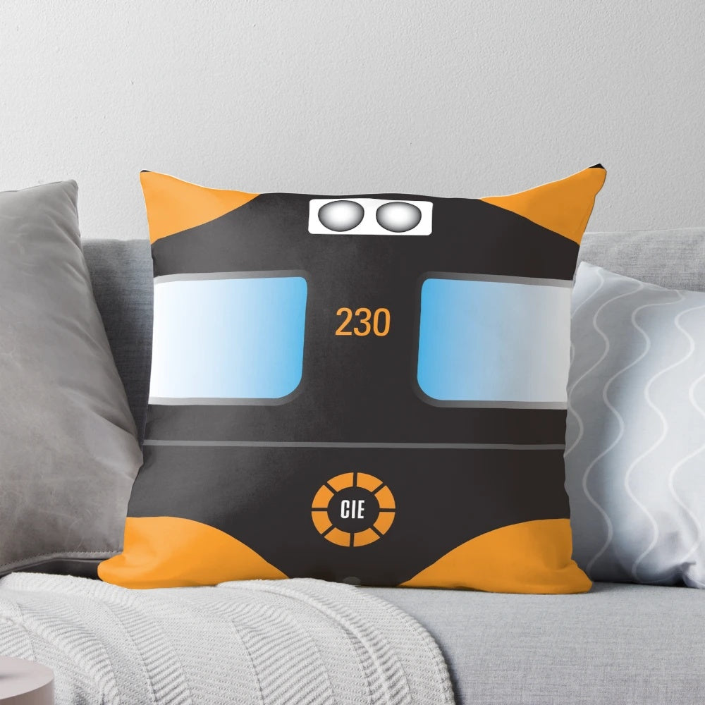 Vintage orange and black 1980's CIE A-Class locomotive pillow with iconic Super Train livery design.