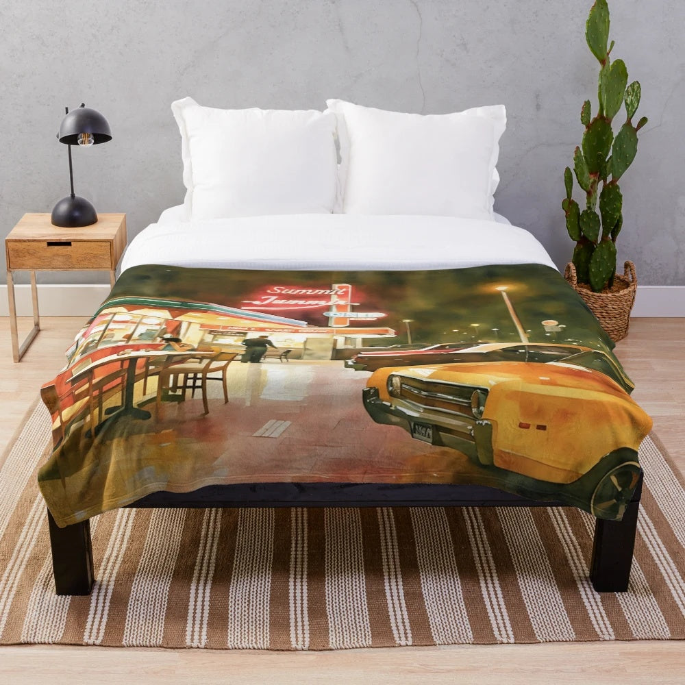 Retro 1980s diner-inspired plush blanket with neon lights and urban cityscape
