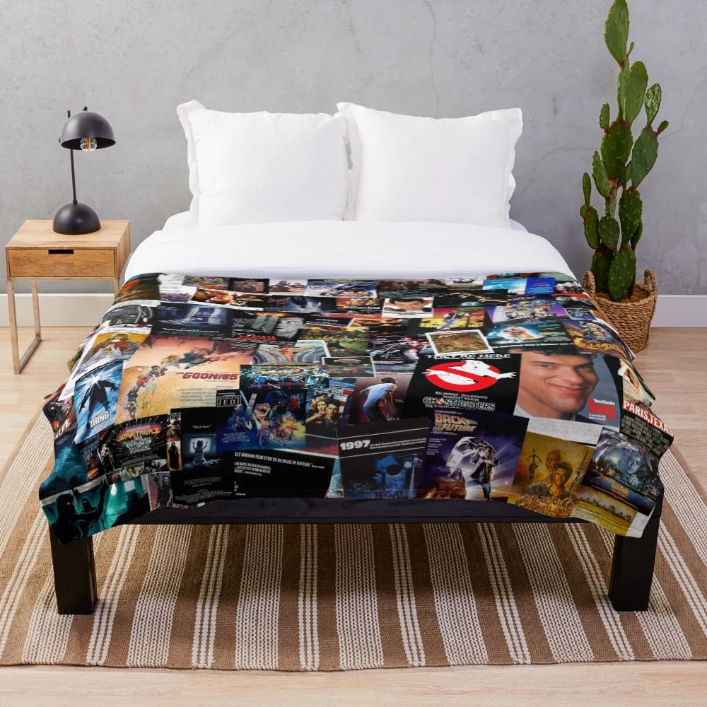 Soft and cozy plush blanket featuring vibrant 1980s movie poster designs