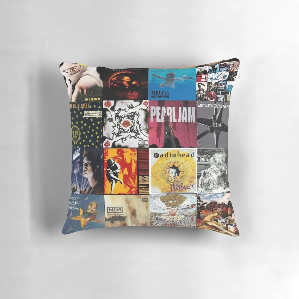 1990s rock classics music pillow with guitar, drums, and hair metal aesthetic