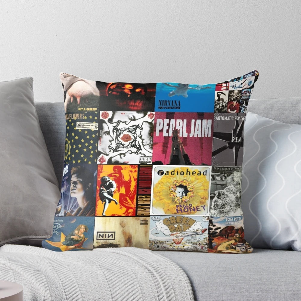 1990s rock classics music pillow with guitar, drums, and hair metal aesthetic