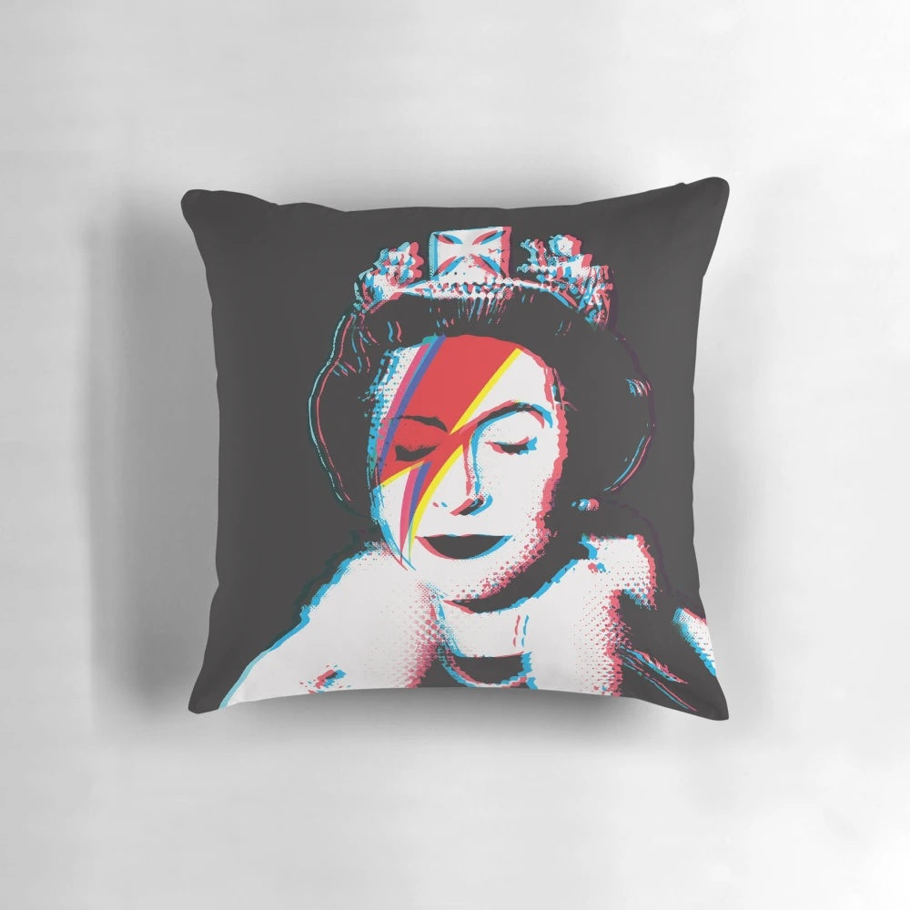 Vibrant 3D anaglyph image of Banksy-style graffiti depicting Queen Elizabeth on a pillow