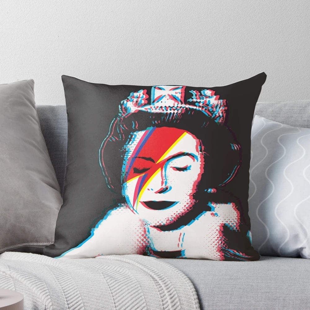 Vibrant 3D anaglyph image of Banksy-style graffiti depicting Queen Elizabeth on a pillow