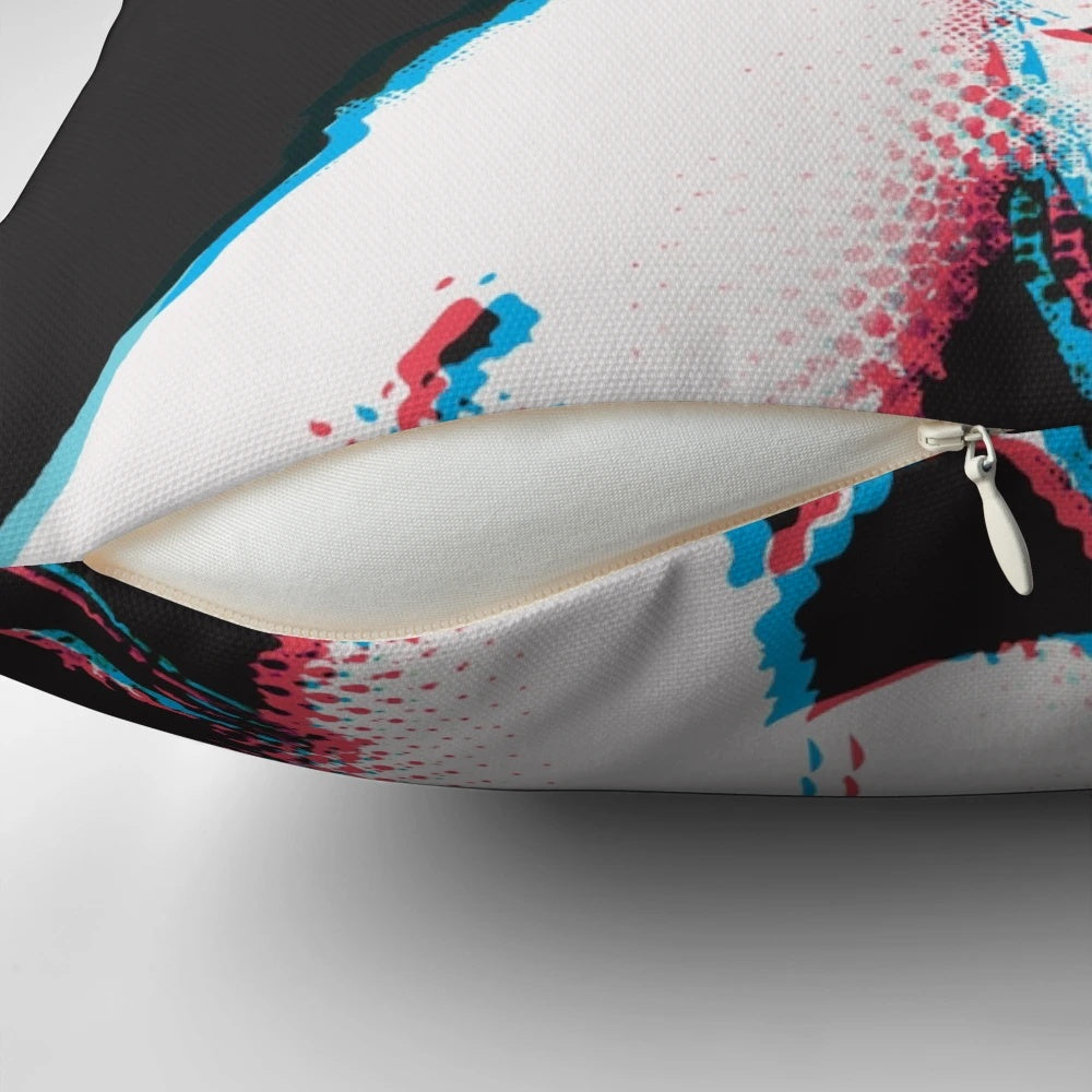 Vibrant 3D anaglyph image of Banksy-style graffiti depicting Queen Elizabeth on a pillow