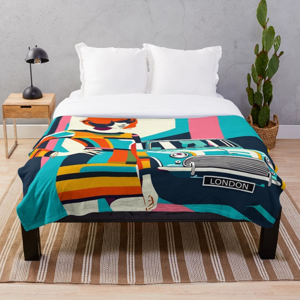 Plush blanket featuring a retro 60s London-inspired mini dress design
