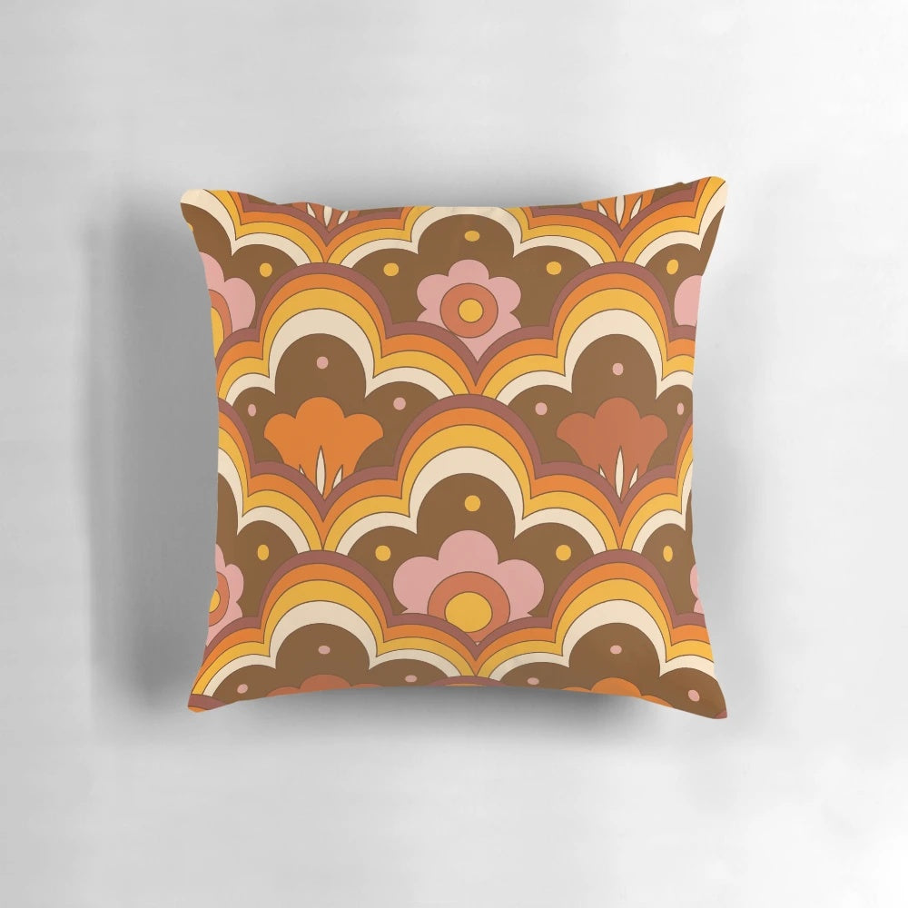 Vibrant retro floral pillow with psychedelic flower power design