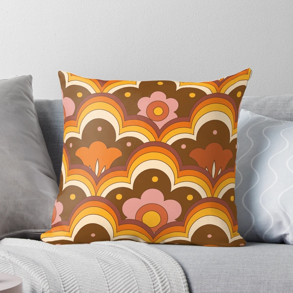Vibrant retro floral pillow with psychedelic flower power design