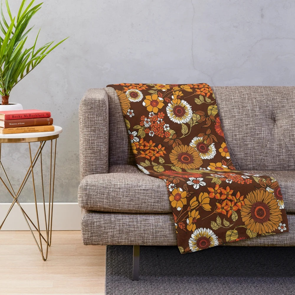Retro 70s inspired floral plush blanket with boho, hippie flower power design