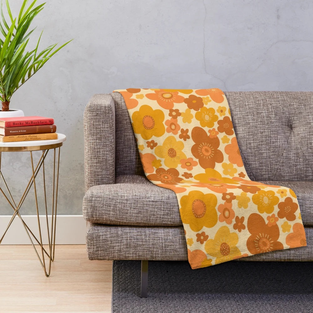 Vintage 1970s style floral pattern plush throw blanket