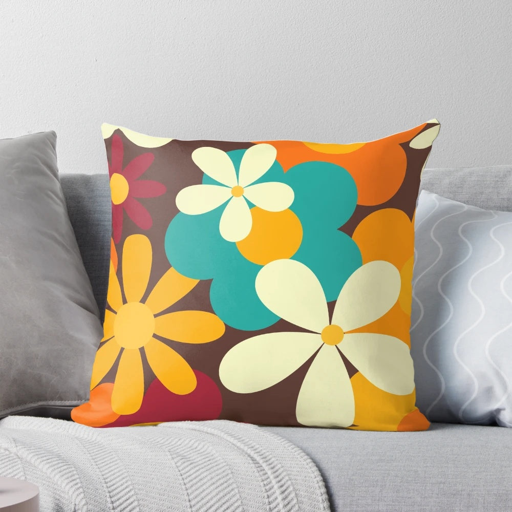 Retro 70s style floral seamless repeat pattern printed on a decorative pillow
