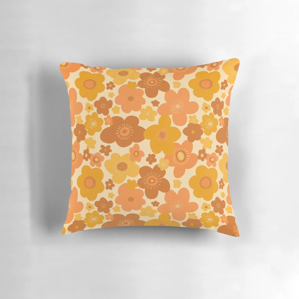 Retro 70s style floral print throw pillow with groovy flower power design