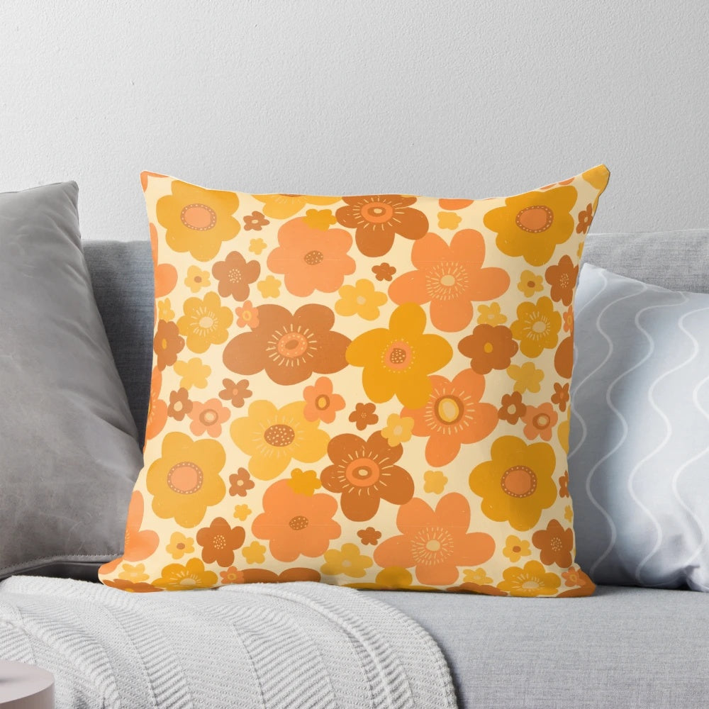 Retro 70s style floral print throw pillow with groovy flower power design