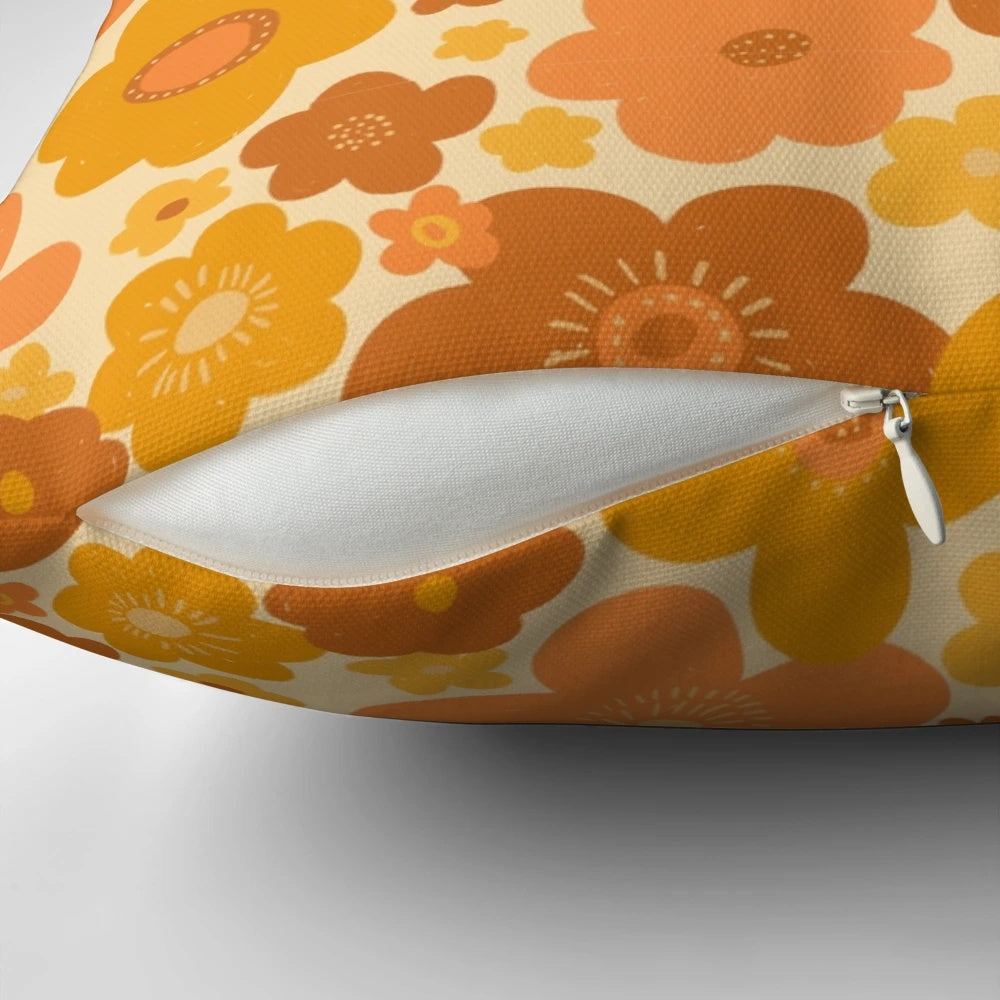 Retro 70s style floral print throw pillow with groovy flower power design