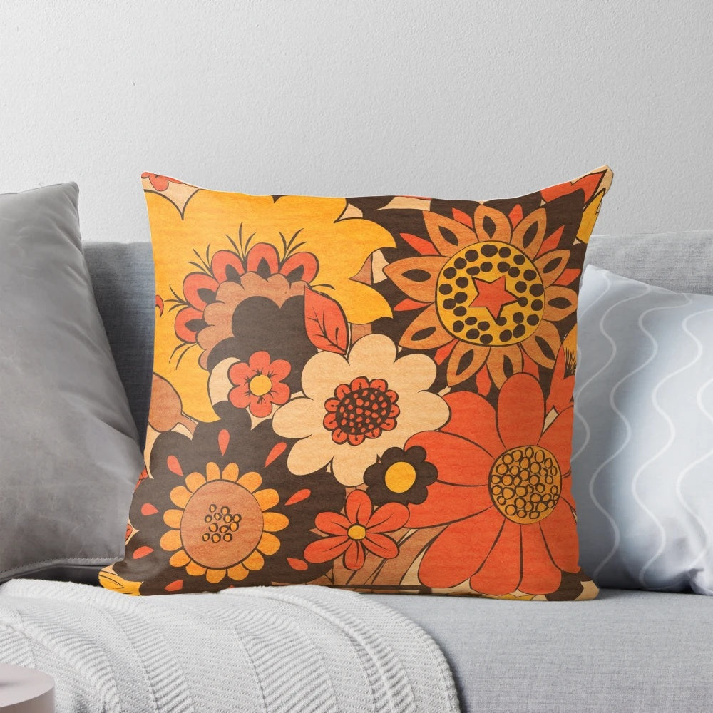 Retro 70s flower vase print on a soft, comfortable pillow in shades of orange, yellow, and brown.