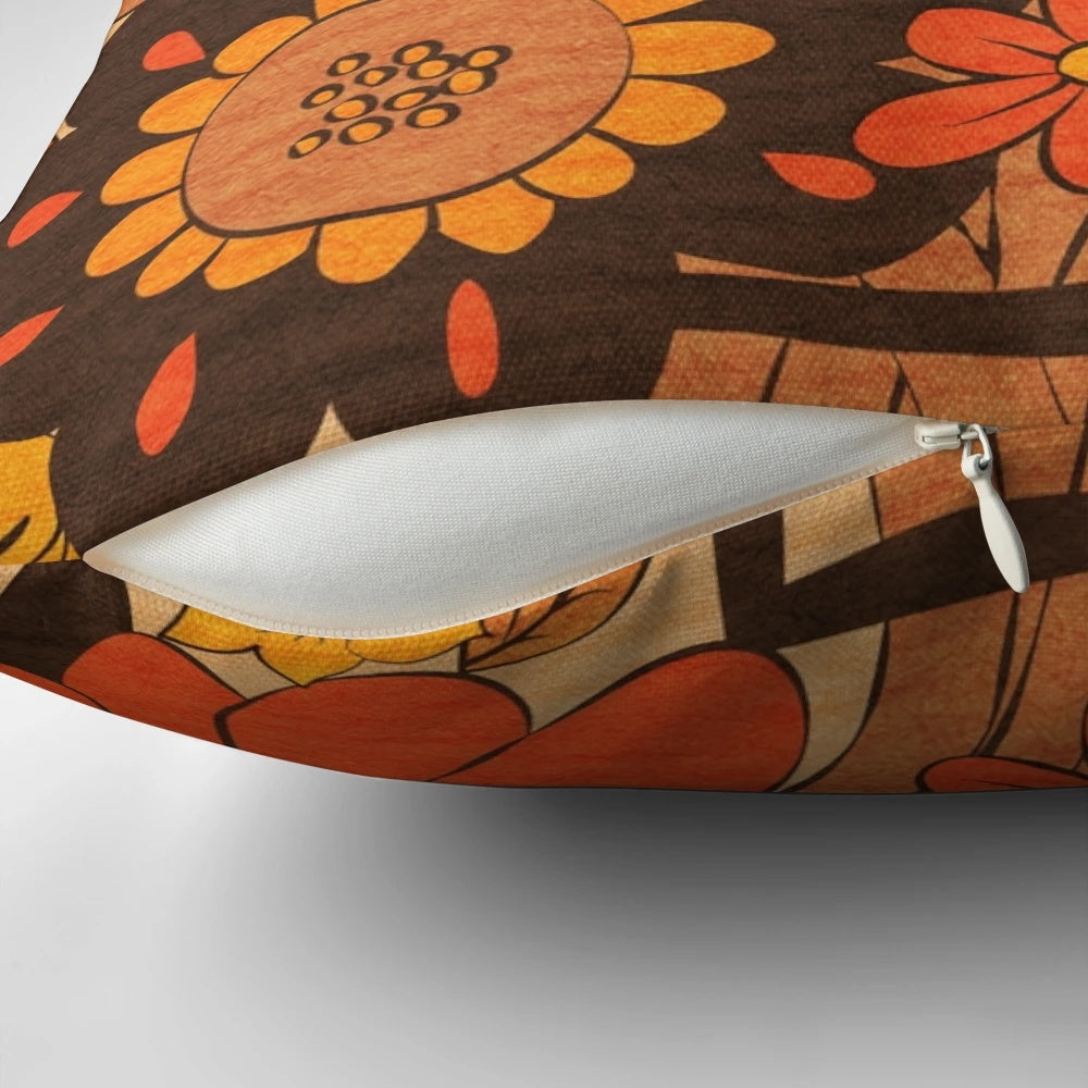 Retro 70s flower vase print on a soft, comfortable pillow in shades of orange, yellow, and brown.
