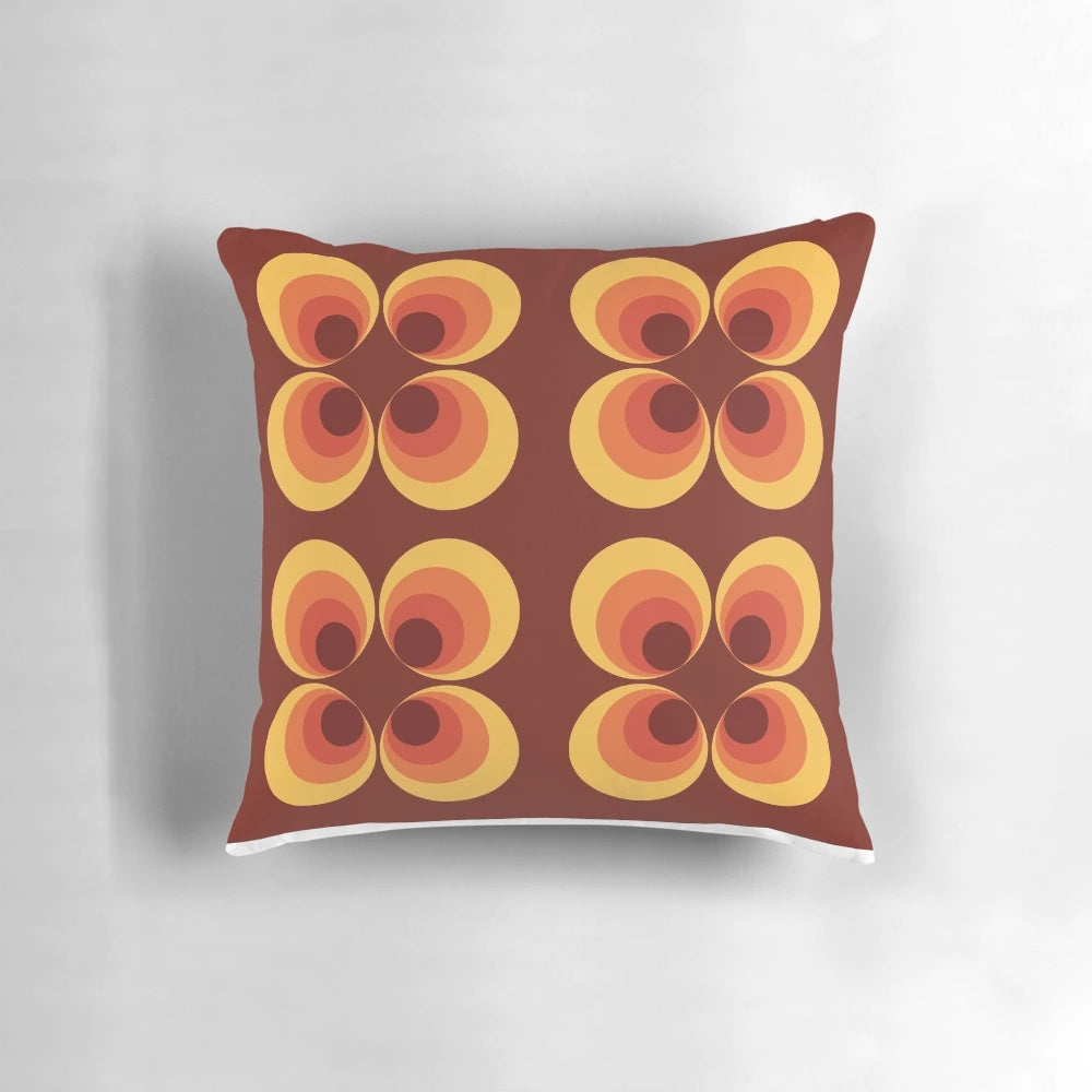 Retro 70s graphic throw pillow with vibrant colors and bold patterns