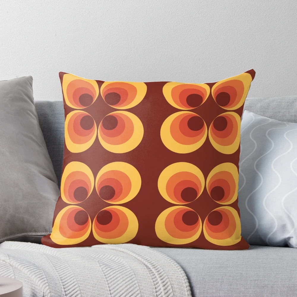 Retro 70s graphic throw pillow with vibrant colors and bold patterns