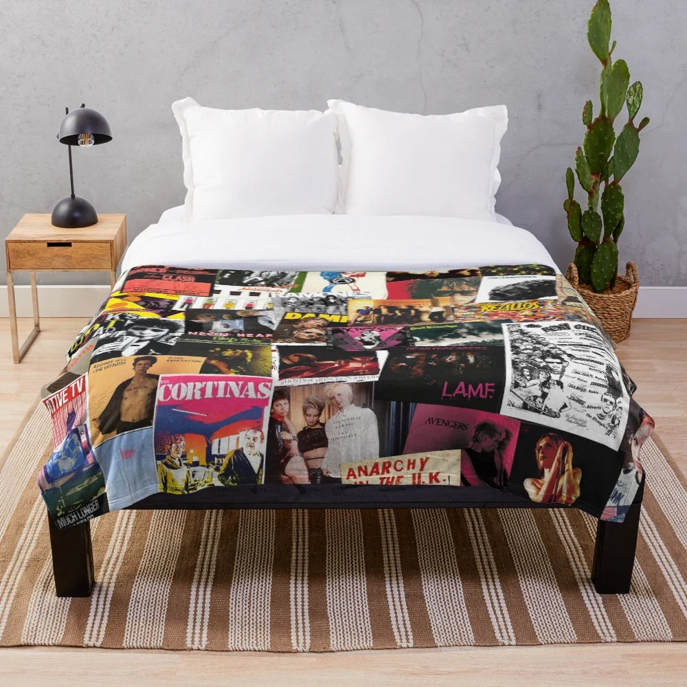Plush blanket featuring a collage of 70s punk rock music imagery