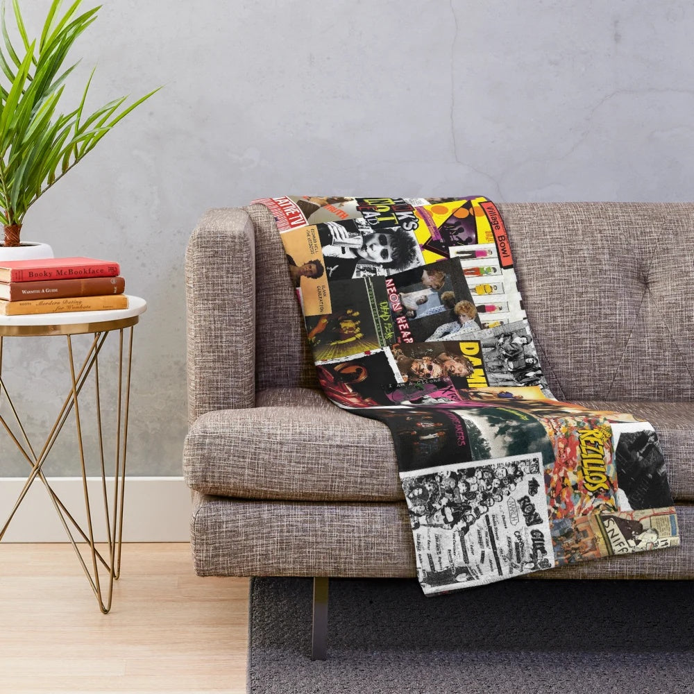 Plush blanket featuring a collage of 70s punk rock music imagery