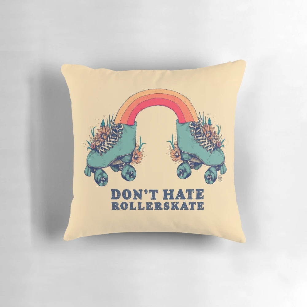 Retro 70s illustration of a person rollerskating with a vibrant floral and rainbow design on a Pillow POD product
